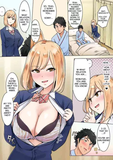 A Girl Pretending to be the Girlfriend of Her Friend Who Lost His Memories rule 34 porn comic cover