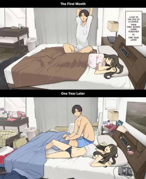 A Day in the Life of a Couple: Their First Month Living Together vs. One Year Later rule 34 porn comic cover